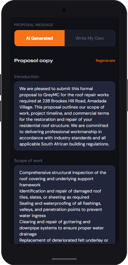 TradiQuote AI writing the scope of work for a carpentry and joinery proposal