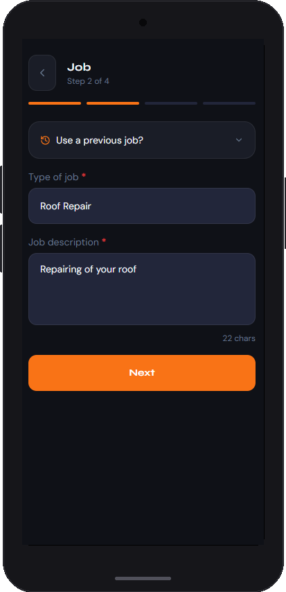 Entering a joinery job and per-linear-metre built-in line items in TradiQuote on a phone